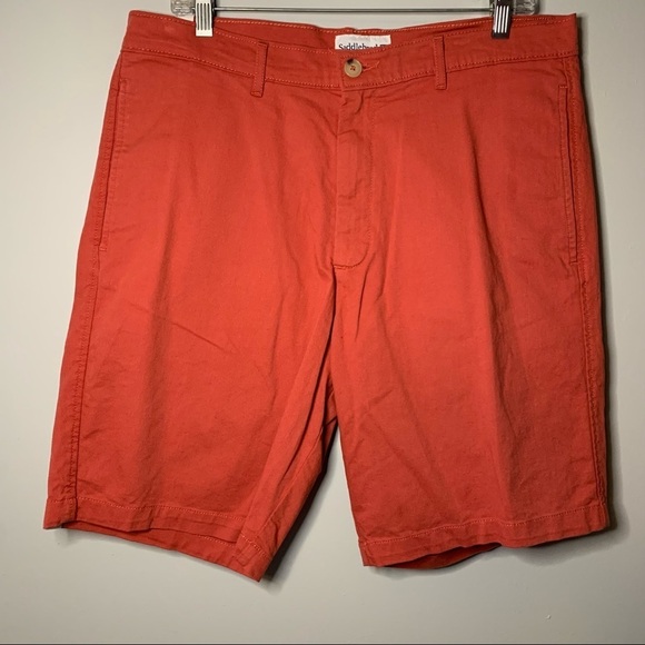 Men’s new Saddlebred coral red flat front 9 inch inseam khaki shorts size 34 - Picture 1 of 5